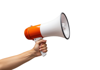 Isolated Person using orange and white megaphone in studio, communication concept