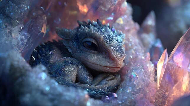 A cute, blue-scaled dragon resting on shimmering crystals, surrounded by sparkling gems in a mystical setting.