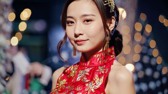 A woman with elegant earrings and an intricate hair accessory wears a red embroidered dress. The background includes blurred lights, creating a soft ambiance.