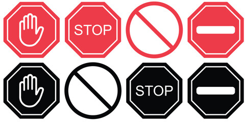Red STOP sign icon set. Sign with hand and stop sign. Warning sign, attention, prohibition, danger, alert, road sign. do not enter. Warning stop sign. Safety visual, symbol with white hand, traffic 