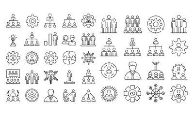 Business and Management Icons Set Organizational, Leadership, Strategy, and Growth Symbols