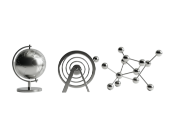 Polished silver globe, target, and geometric sculpture on transparent studio background, sharp focus, soft high-angle light, concept of global strategy and digital innovation.
