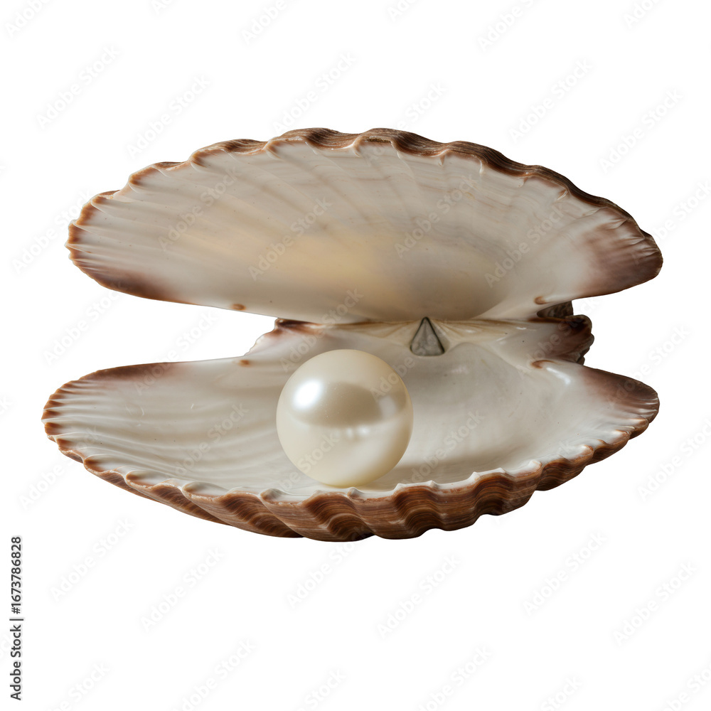 Poster transparent pearl centered in elegant open scallop shell, pearlescent interior, soft studio light, s