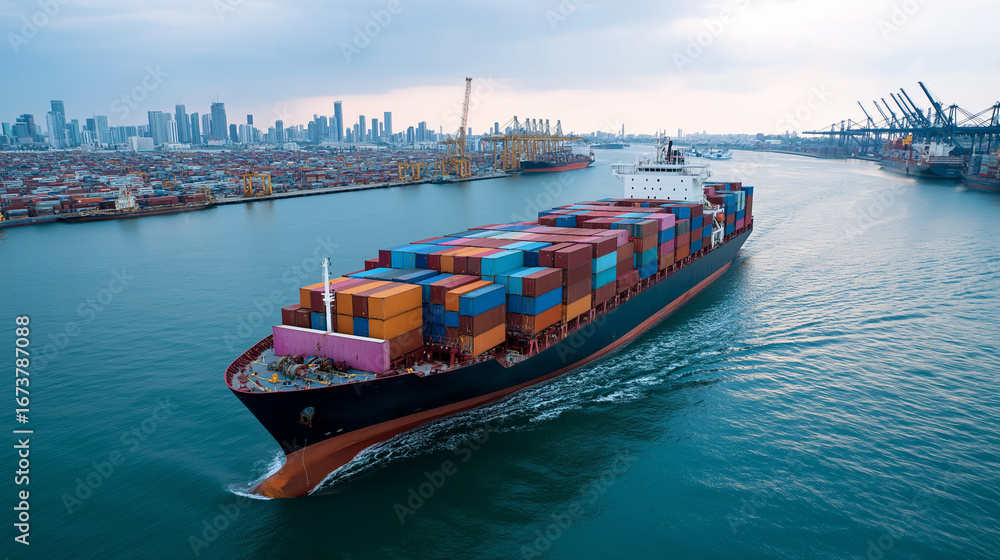 Aufkleber massive container ship loaded with colorful shipping containers navigating through busy internationa