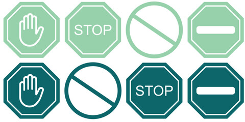 Red STOP sign icon set. Sign with hand and stop sign. Warning sign, attention, prohibition, danger, alert, road sign. do not enter. Warning stop sign. Safety visual, symbol with white hand, traffic 