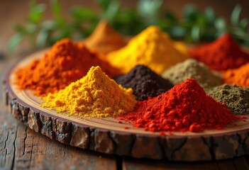 vibrant colorful spices arrayed textured wooden board culinary delight aromatic spice collection, seasoning, herb, blend, bowl, pepper, cinnamon, cumin