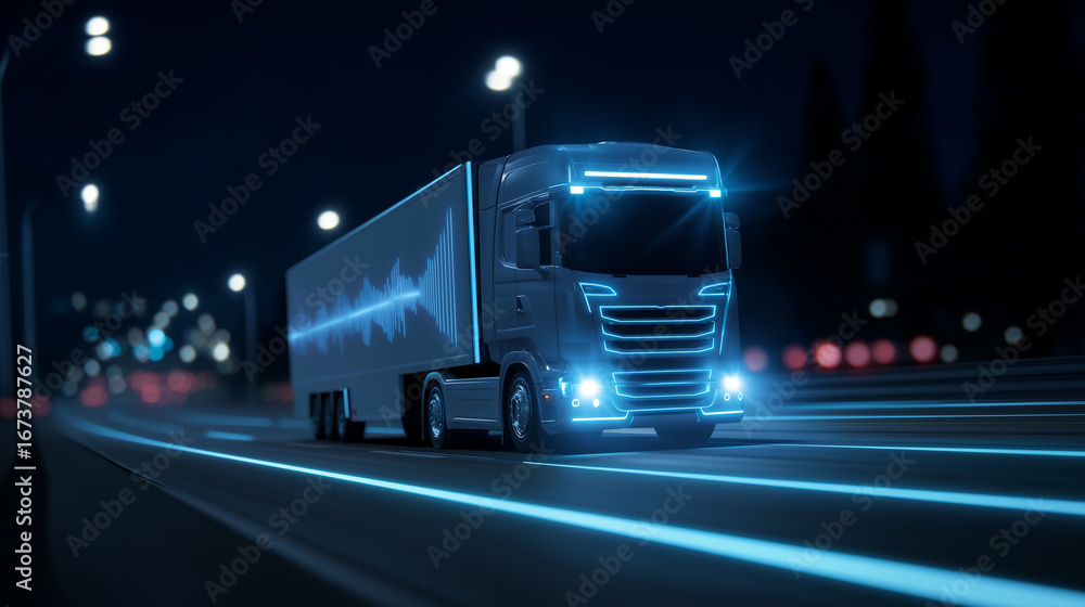 Poster autonomous long haul truck with advanced sensor arrays and led indicators traveling on smart highway