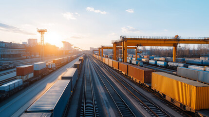 Railway freight yard with multiple cargo trains being loaded by overhead cranes featuring intermodal containers and logistics coordination systems under industrial lighting rail