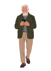 Senior Caucasian man with gray beard, wearing olive quilted jacket, beige trousers, dark brown loafers, walking, using smartphone. Flat vector illustration isolated on transparent background