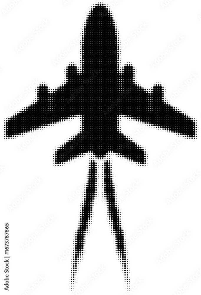 Poster silhouette of an airplane with pixelated dots pattern background. vector illustration