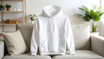 A young man sits on a sofa, casually dressed, while a bride's wedding dress and clothing hang nearby