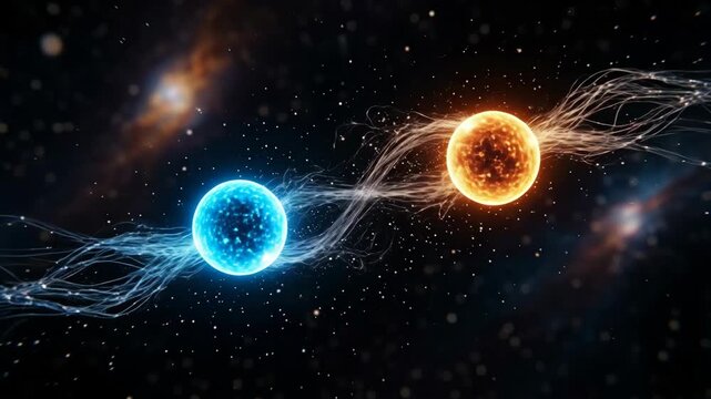 Quantum Entanglement: Two Connected Particles - A captivating visualization of quantum entanglement, showcasing two glowing orbs connected by streams of energy against a cosmic backdrop.