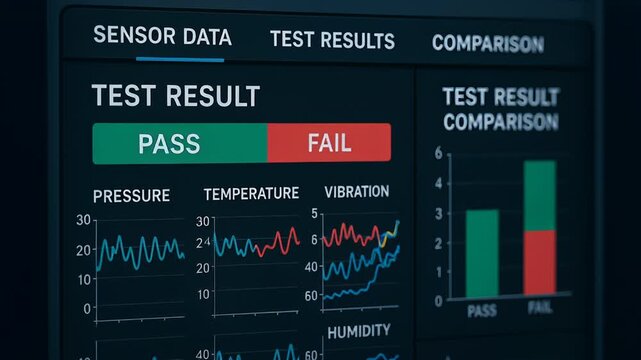 Test result comparison on industry sensor data screen with pass and fail results including pressure temperature vibration humidity graphs analysis