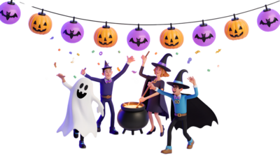 Halloween party with witches ghost and pumpkin lanterns