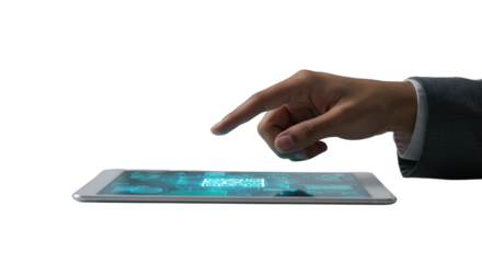 Clean, gender-neutral hand with professional sleeve touching modern tablet screen, abstract blue/green digital interface, bright studio light, creamy bokeh. Concept of effortless digital engagement
