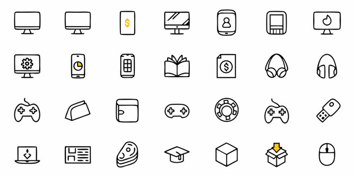 Fun doodle icons set for digital life, from gaming to tech gadgets and entertainment, perfect for blogs