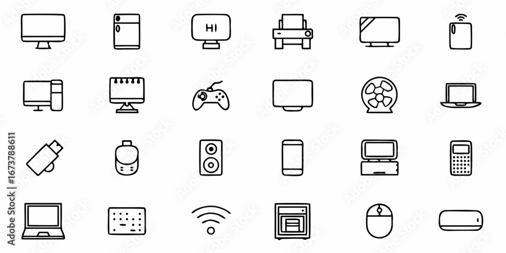 Poster modern line art icons of tech devices for creative projects and website design, originally a scalabl