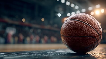 Close-up of a basketball resting on the court, with blurred players and bright arena lights in the background.