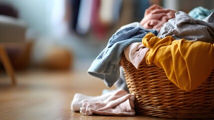 Wicker basket filled with colorful laundry clothes.