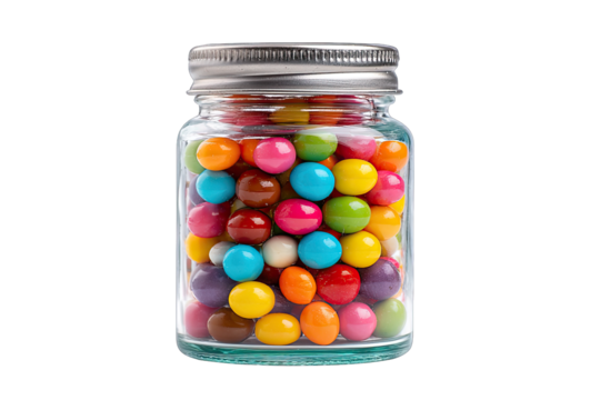 Multivitamin jar with colorful pills, isolated on white background