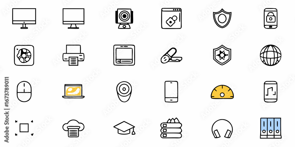 Poster modern tech icons for websites and apps, simple design, computers and security, scalable line art