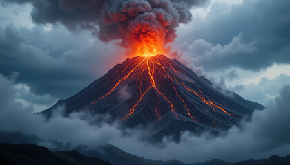 fire burning in the sky with volcano and clouds