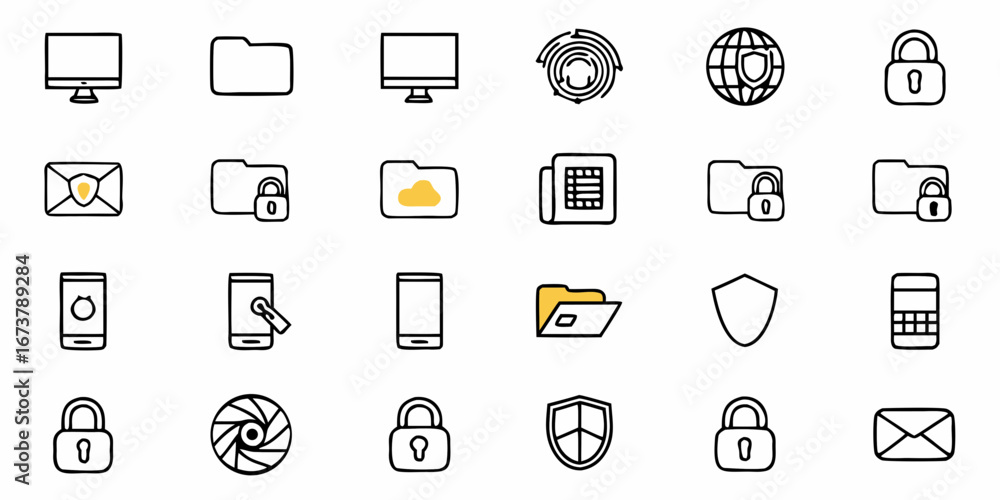 Poster hand drawn style security and data protection icons emphasizing digital safety and information priva