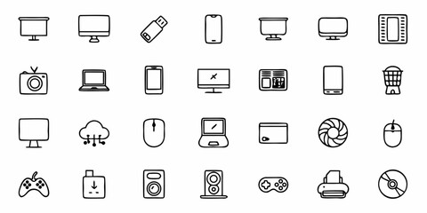 Tech icons collection for modern designs, devices, and gadgets in simple line art style, great for web