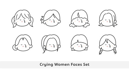 悲しむ女性 顔イラストセット 線画