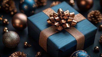 Navy gift, gold bow, ornaments, dark background, holiday