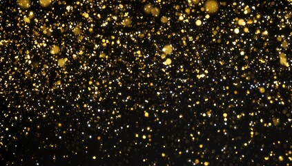 Abstract golden glitter particles falling on a black background, creating a festive and celebratory atmosphere for special events and holidays