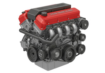 Isolated modern car engine, internal combustion engine, automotive, engineering object