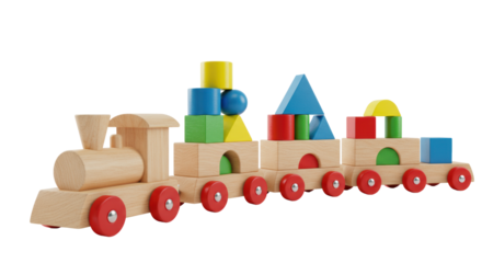 Pristine wooden toy train with red wheels, primary geometric blocks (cubes, cylinders, triangles, rectangles) on white background, soft studio light. Concept of structured learning and development