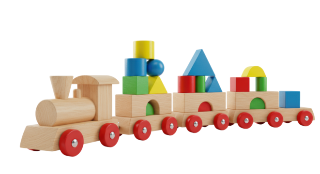 Pristine wooden toy train with red wheels, primary geometric blocks (cubes, cylinders, triangles, rectangles) on white background, soft studio light. Concept of structured learning and development