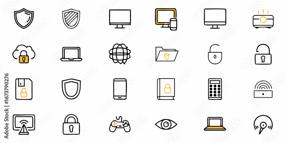 Poster modern technology icons set for business website design and cyber security solutions, scalable desig
