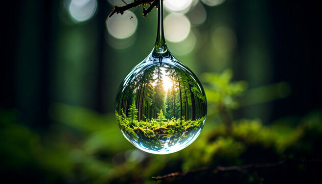 Water droplet reflecting forest scene hanging from a branch in natural light - Powered by Adobe