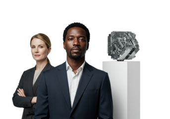 Medium-close-up of diverse professional in modern business attire, confident eye-level gaze, against transparent studio background, soft high-key lighting, concept of corporate leadership