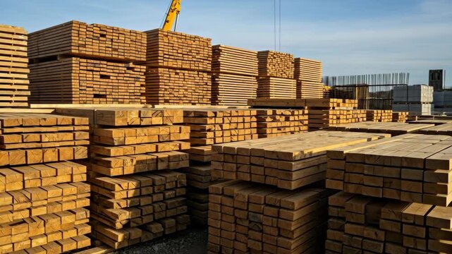 Stacked Wooden Beams at Construction Site - Neatly stacked wooden beams are prepared for use at a construction site.