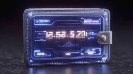 Futuristic Digital Wallet Concept:  A sleek, leather-bound wallet with a vibrant digital display showcasing cryptocurrency values and other data.