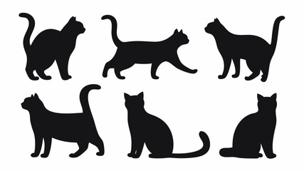 Six black cat silhouettes in various poses standing walking and sitting on a white background design element | editable eps vectors