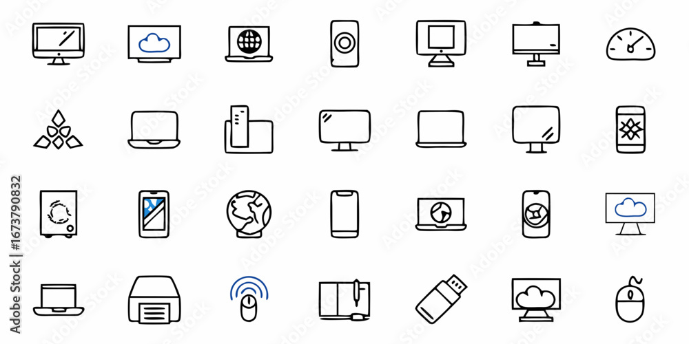 Aufkleber modern tech icons computer laptop smartphone cloud globe usb drive printer mouse for business and di