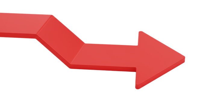 Bold vibrant corporate red 3D arrow with crisp edges, matte finish, pointing right, isolated on transparent background with copy space, concept of strategic direction and future progress