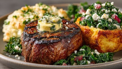 Grilled steak, butter, biscuits, greens