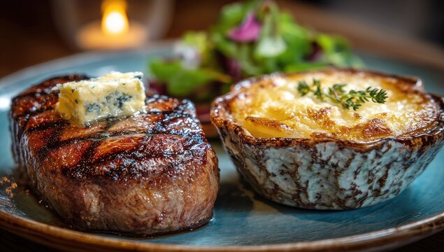 Grilled steak, blue cheese butter, and creamy gratin