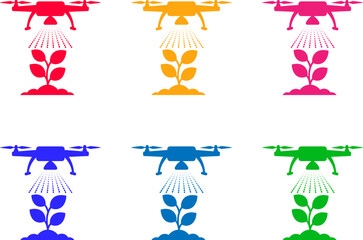 Smart Farming Drone Icon Set for Grain Crops. Colorful vector collection of drones monitoring and spraying wheat. Icons for precision agriculture and agrotech.