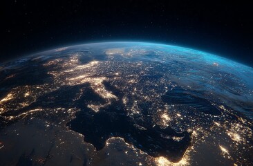 Fototapeta premium A high-angle view of Earth from space at night, showcasing the intricate network of city lights illuminating continents and oceans, symbolizing global connectivity and human presence across the planet