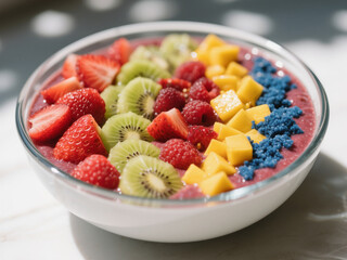Close-up smoothie bowl berwarna ungu dengan hiasan buah segar termasuk strawberi, kiwi, raspberi, mangga potong kiub, dan serbuk biru di atasnya. Konsep makanan sihat, sarapan kreatif, vegan, dan gaya