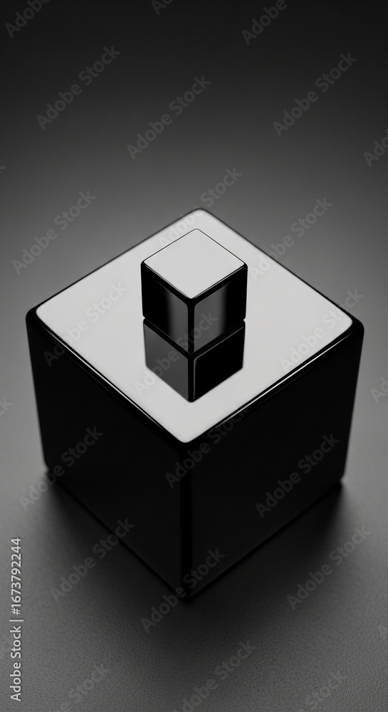 Poster black glossy cube on a larger black cube, creating a minimalist display scene, showcasing simple ele