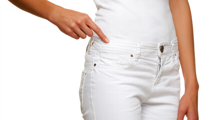woman body weight loss and pulling her pants and showing that lost weight and become slimmer