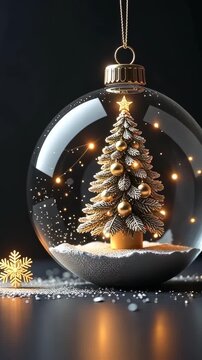 Christmas in black, Christmas tree inside a delicate sphere, bringing a sense of wonder, horizontal banner, header for site, zoon out, vertical